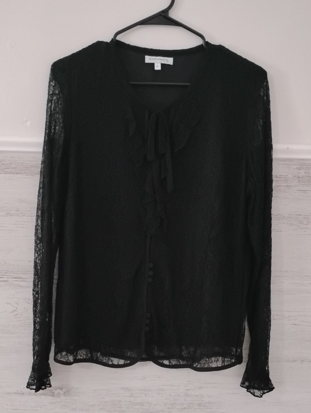 Claudia Richard Black Sheer Lace Tie-Neck Top